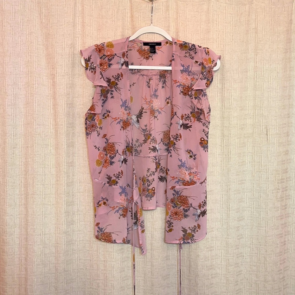 Light pink floral print wrap peplum blouse v neck